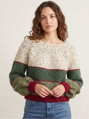 Hand Made Sz S Knit Casual Colorblock Green Cream Red Sweater